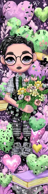 Free teacher bookmark featuring a teacher holding flowers with heart accents